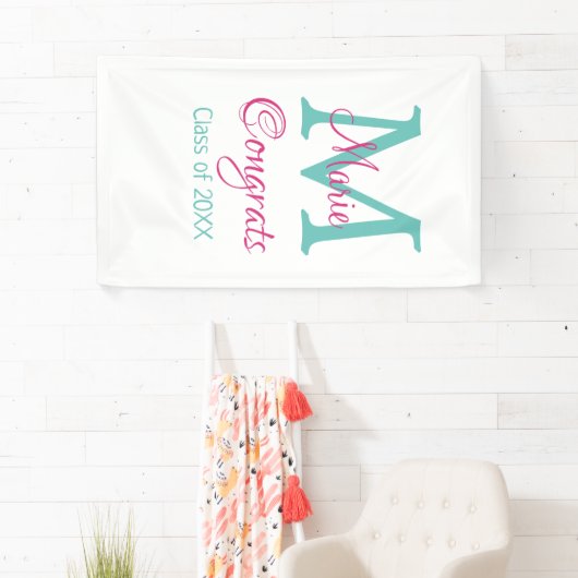 Gefeliciteerd afstuderen naam monogram groen roze spandoek (Insitu)