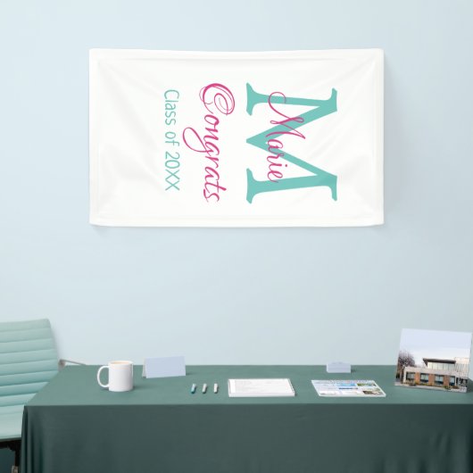 Gefeliciteerd afstuderen naam monogram groen roze  spandoek (Beurs)