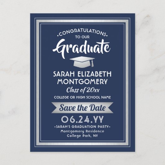 Gefeliciteerd Afstuderen Navy Blue Save the Date F Aankondigingskaart (Voorkant)
