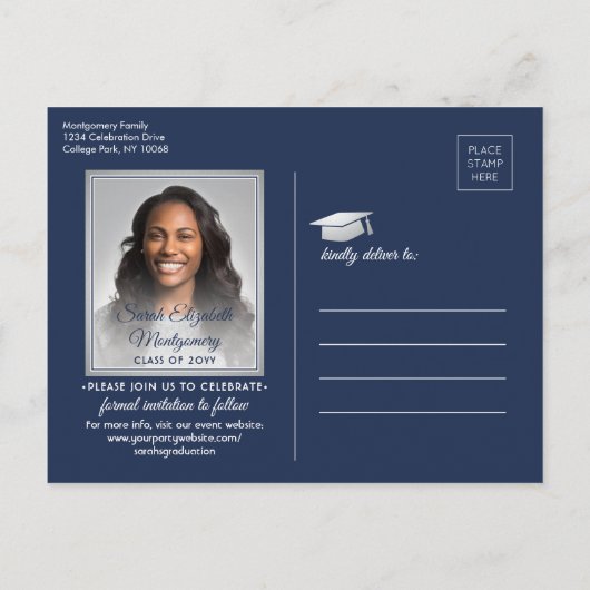 Gefeliciteerd Afstuderen Navy Blue Save the Date F Aankondigingskaart (Achterkant)