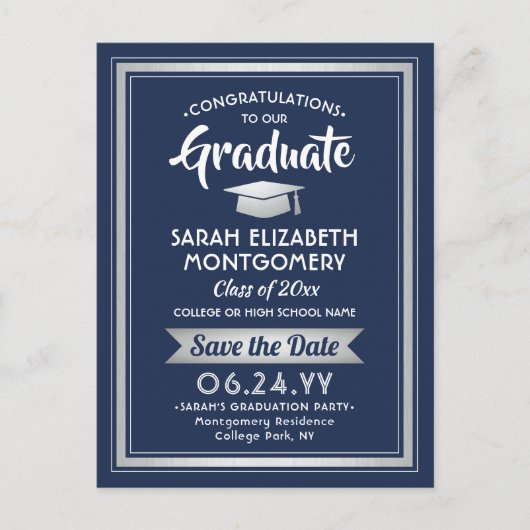 Gefeliciteerd Afstuderen Navy Blue Save the Date F Aankondigingskaart (Voorkant)