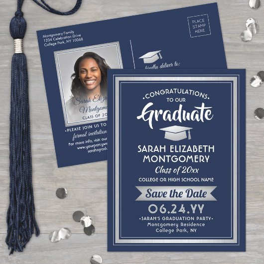Gefeliciteerd Afstuderen Navy Blue Save the Date F Aankondigingskaart