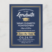 Gefeliciteerd Afstuderen Navy & Gold Save the Date Aankondigingskaart (Voorkant)