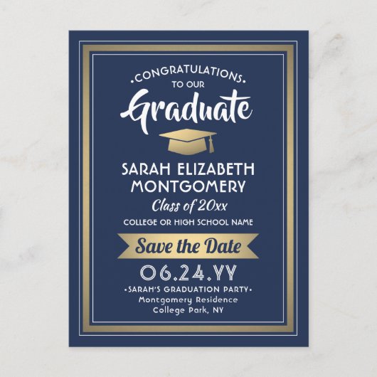 Gefeliciteerd Afstuderen Navy & Gold Save the Date Aankondigingskaart (Voorkant)