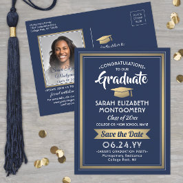 Gefeliciteerd Afstuderen Navy & Gold Save the Date Aankondigingskaart