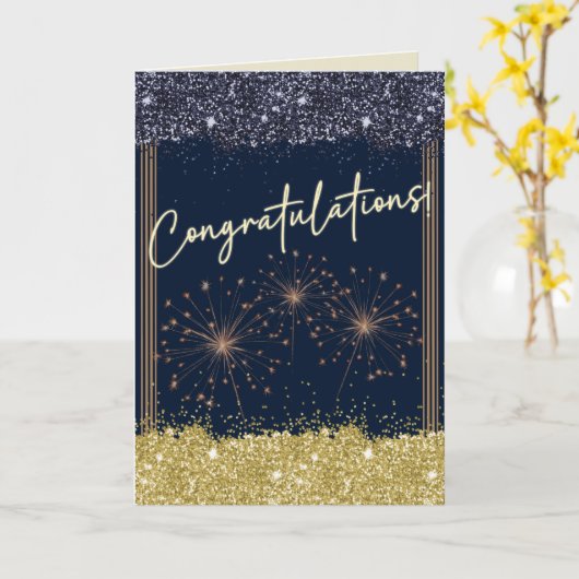 Gefeliciteerd Afstuderen Navy & Yellow Sparkle Kaart (Gele Bloem)