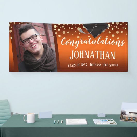 Gefeliciteerd Afstuderen Oranje Confetti Foto Spandoek (Beurs)