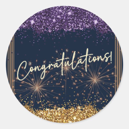 Gefeliciteerd Afstuderen Paars & Goud Glitter Ronde Sticker (Voorkant)