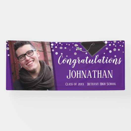 Gefeliciteerd Afstuderen Paarse Confetti Foto Spandoek (Horizontaal)