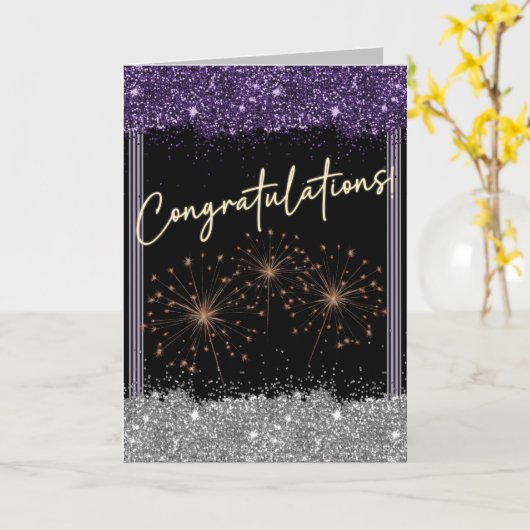 Gefeliciteerd Afstuderen Paarse & Silver Sparkle Kaart (Gele Bloem)