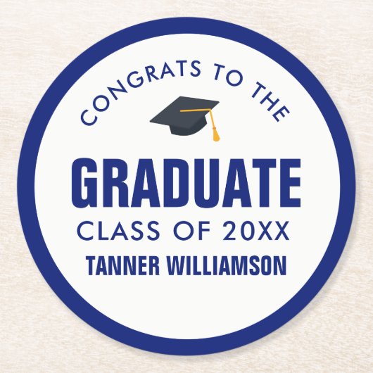 Gefeliciteerd Afstuderen Pet Klasse 20XX Vet Blauw Ronde Kartonnen Onderzetter (Voorkant)