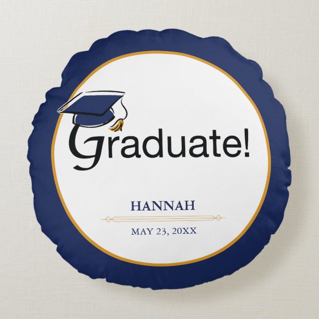 Gefeliciteerd Afstuderen, Pet, Tassel, Blue, Gold Rond Kussen (Voorkant)