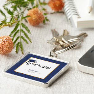 Gefeliciteerd Afstuderen, Pet, Tassel, Blue, Gold Sleutelhanger