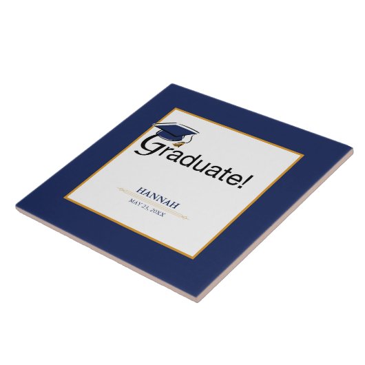 Gefeliciteerd Afstuderen, Pet, Tassel, Blue, Gold Tegeltje (Zijkant)
