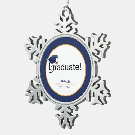 Gefeliciteerd Afstuderen, Pet, Tassel, Blue, Gold Tin Sneeuwvlok Ornament (Rechts)