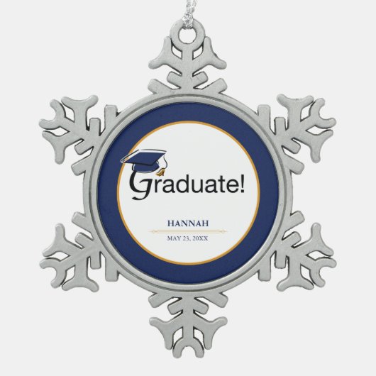 Gefeliciteerd Afstuderen, Pet, Tassel, Blue, Gold Tin Sneeuwvlok Ornament (Voorkant)