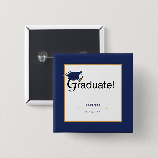 Gefeliciteerd Afstuderen, Pet, Tassel, Blue, Gold Vierkante Button 5,1 Cm (Voorkant /achterkant)