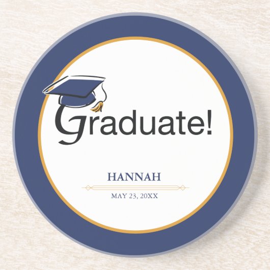 Gefeliciteerd Afstuderen, Pet, Tassel, Blue, Gold Zandsteen Onderzetter (Voorkant)