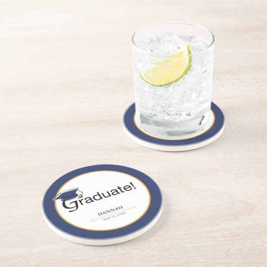 Gefeliciteerd Afstuderen, Pet, Tassel, Blue, Gold Zandsteen Onderzetter (Zijkant)