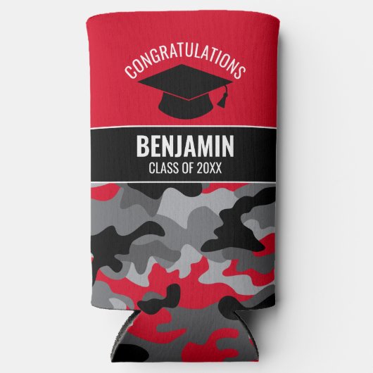Gefeliciteerd Afstuderen Red Black Afstuderen Camo Seltzer Blikjeskoeler (Voorkant)