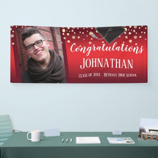 Gefeliciteerd Afstuderen Rood met Confetti Foto Spandoek (Beurs)