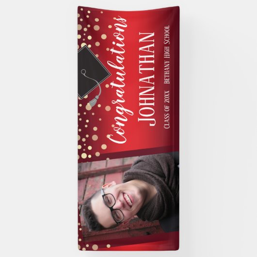 Gefeliciteerd Afstuderen Rood met Confetti Foto Spandoek (Verticaal)