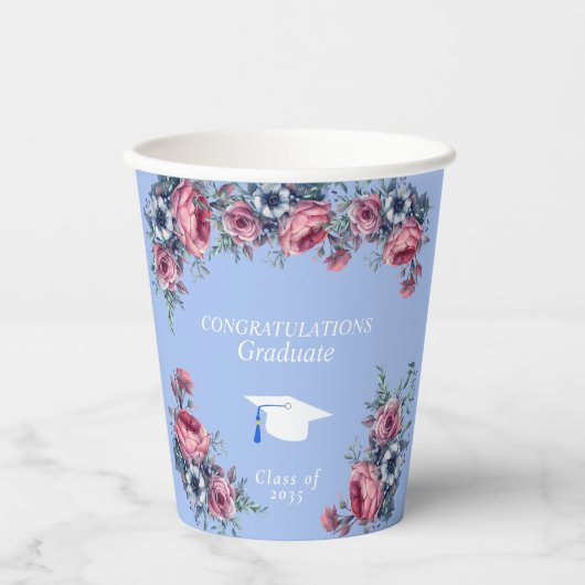 Gefeliciteerd Afstuderen Roses Blue Anemone Papieren Bekers (Voorkant)