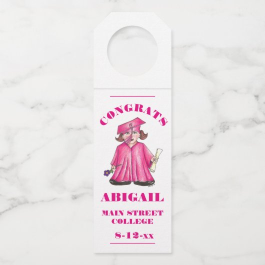 Gefeliciteerd Afstuderen Roze Afstuderen Pet Flessenhanger (Voorkant)