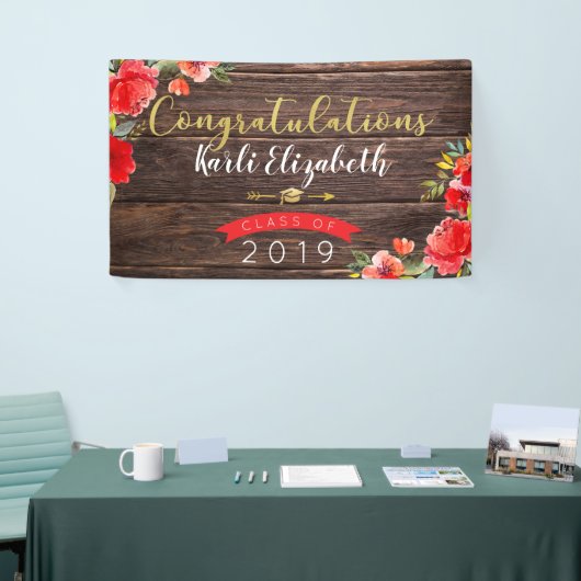 Gefeliciteerd Afstuderen Rustic Floral Red/Gold Spandoek (Beurs)