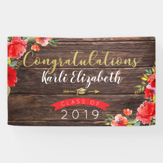 Gefeliciteerd Afstuderen Rustic Floral Red/Gold Spandoek