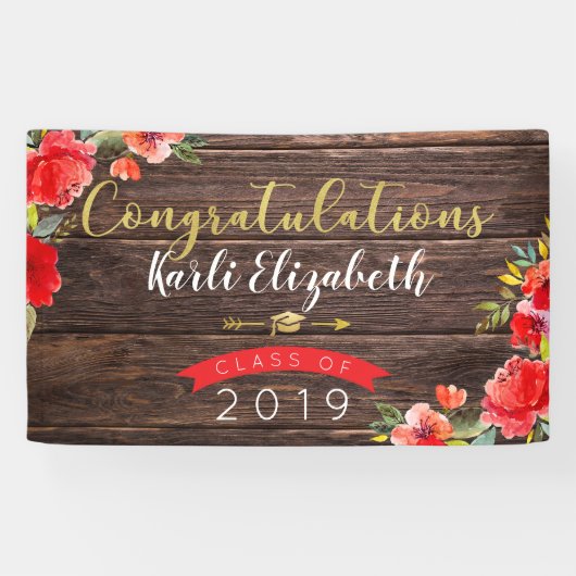 Gefeliciteerd Afstuderen Rustic Floral Red/Gold Spandoek (Horizontaal)