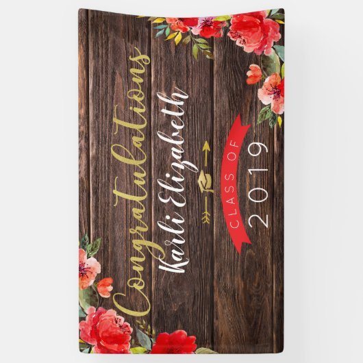 Gefeliciteerd Afstuderen Rustic Floral Red/Gold Spandoek (Verticaal)
