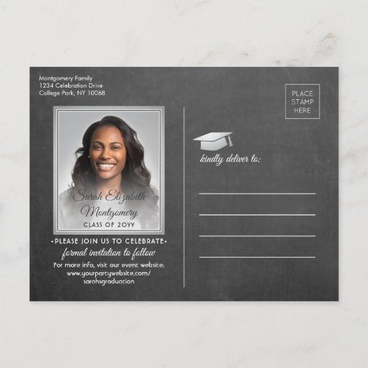 Gefeliciteerd Afstuderen schoolbord Bewaar de datu Aankondigingskaart (Achterkant)