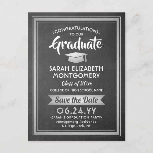 Gefeliciteerd Afstuderen schoolbord Bewaar de datu Aankondigingskaart (Voorkant)