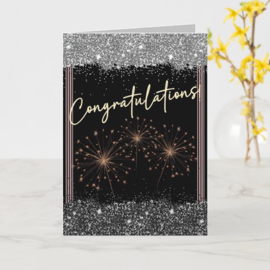 Gefeliciteerd Afstuderen Silver & Black Sparkle Kaart (Gele Bloem)