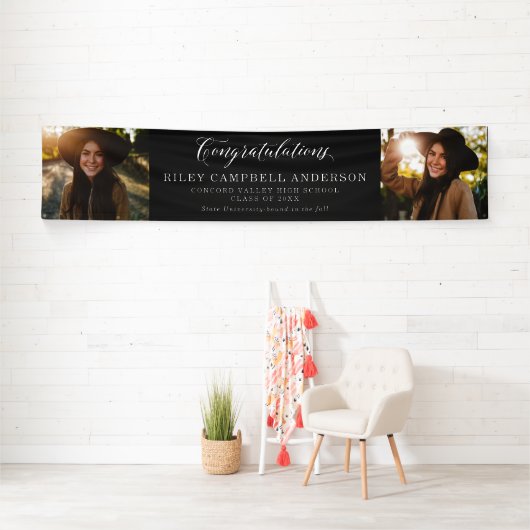 Gefeliciteerd afstuderen twee foto zwart wit spandoek (Insitu)