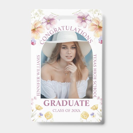 Gefeliciteerd afstuderen waterverf Bloemenfoto Badge (Voorkant)