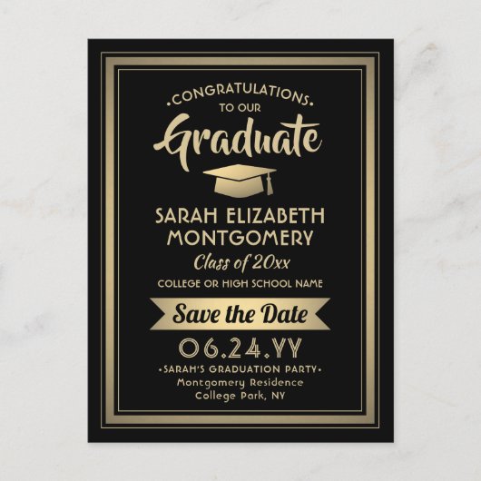 Gefeliciteerd Afstuderen Zwart & Goud Bewaar de da Aankondigingskaart (Voorkant)