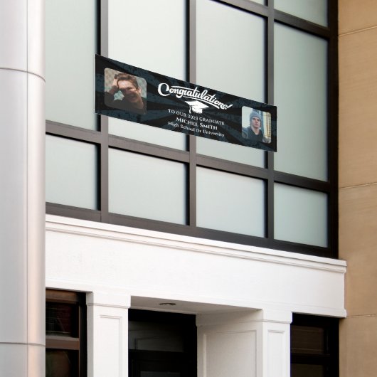 Gefeliciteerd  Afstuderen zwart op twee foto Spandoek (Buitenkant Gebouw)