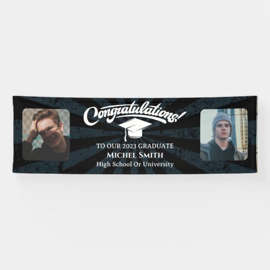 Gefeliciteerd  Afstuderen zwart op twee foto Spandoek (Horizontaal)