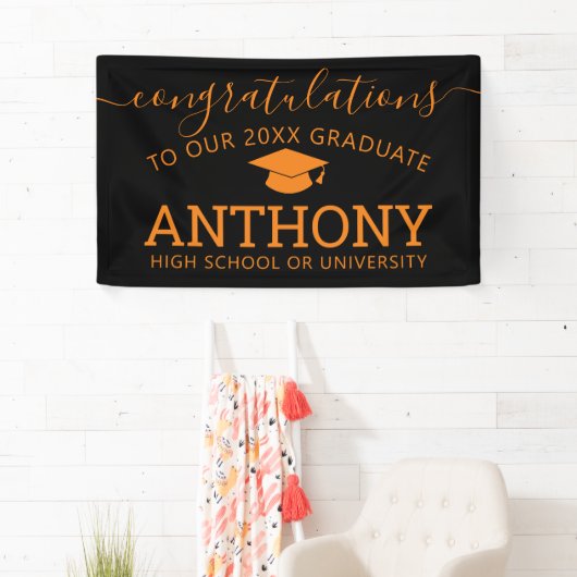 Gefeliciteerd Afstuderen zwart oranje pet virtueel Spandoek (Insitu)