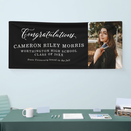 Gefeliciteerd afstuderen zwart wit afstuderen spandoek (Beurs)