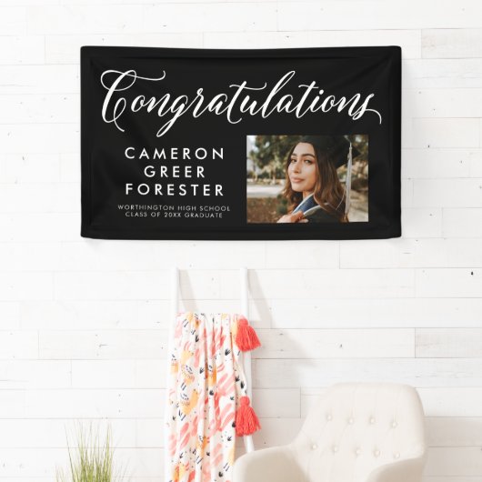 Gefeliciteerd afstuderen zwarte foto spandoek (Insitu)