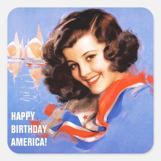 Gefeliciteerd, Amerika. 4 juli Retro Pin-up Vierkante Sticker (Voorkant)