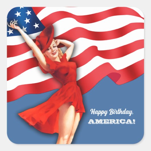 Gefeliciteerd, Amerika. Retro Pin-up Vierkante Sticker (Voorkant)