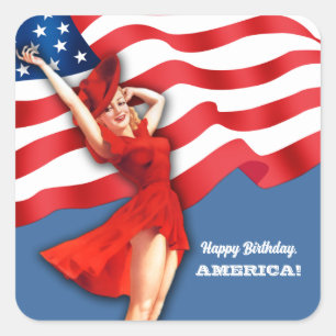 Gefeliciteerd, Amerika. Retro Pin-up Vierkante Sticker
