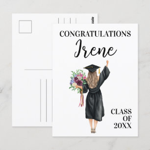 Gefeliciteerd Aquarel Afgestudeerde Meisje Bloemen Briefkaart
