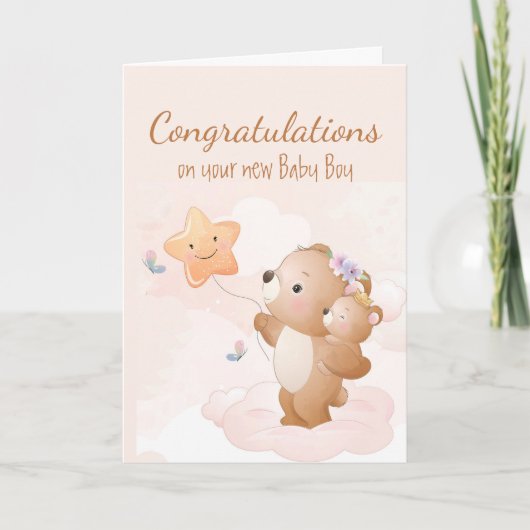 Gefeliciteerd Baby Boy Fun Cute Beer Animals Ouder Kaart (Voorkant)