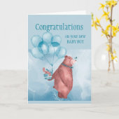 Gefeliciteerd, Baby BOY FunTeddy Beer Balloons Kaart (Gele Bloem)