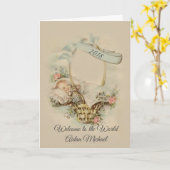 Gefeliciteerd Baby Boy Girl in Basket Flowers Kaart (Gele Bloem)